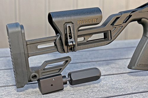 Ruger Precision Rimfire adjustable stock (shown with aftermarket monopod available at Ruger.com)
