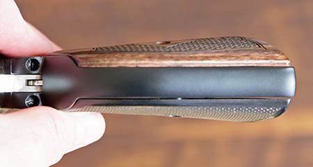 Detail photo showing the thickness of the Altamont Grips for the Ruger Wrangler and Single-Six compared to OEM (bottom)