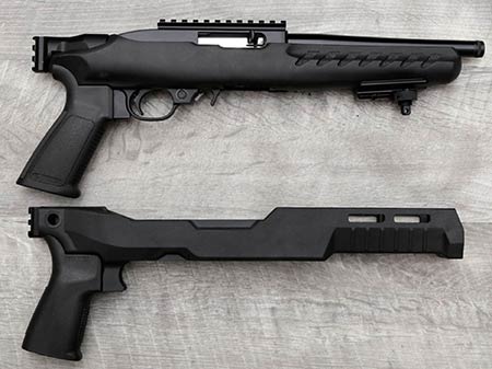 Ruger 22 Charger in OEM chassis on top, SB Tactical's SB22 Fixed Kit for the Ruger 22 Charger below
