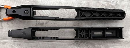 Ruger 22 Charger OEM chassis on top, SB Tactical's SB22 Fixed Kit for the Ruger 22 Charger below