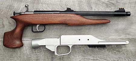 Keystone Sporting Arms Chipmunk Adult Hunter pistol, and their Crickett Alloy Model 6061 Rifle Chassis (rail section not included)