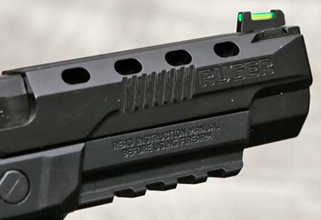 Slide cuts and fiber optic front sight on the Ruger American Competition 9mm pistol