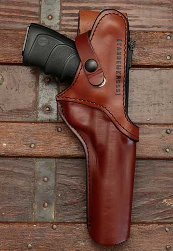 Browning Buck Mark Camper in the TandemKross SideSlinger Premium Leather Ranch Holster for popular rimfire pistols