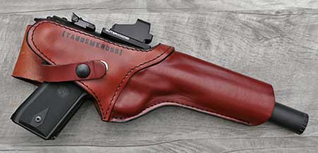 Ruger Mark IV dedicated suppressor host in the TandemKross SideSlinger Premium Leather Ranch Holster for popular rimfire pistols
