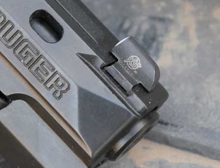 Front sight of the XS Sights DXT Big Dot Night Sights set on the Ruger American Competition