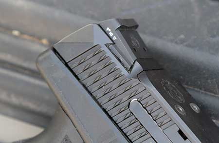 Rear sight of the XS Sights DXT Big Dot Night Sights set on the Ruger American Competition