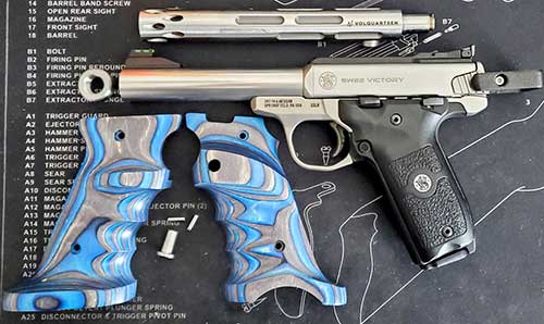 Great things about to happen to my Smith & Wesson SW22 Victory - getting ready to install the Volquartsen I-Fluted stainless steel match barrel and laminated grips