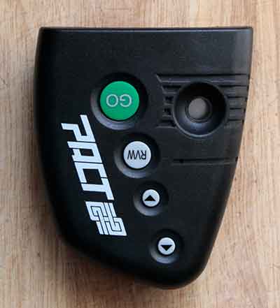 Side view of the PACT Club Timer III showing controls, mic, and buzzer