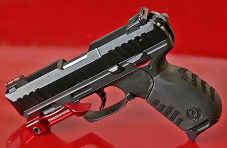 Red Accelerator Thumb Ledge installed on a Ruger SR22