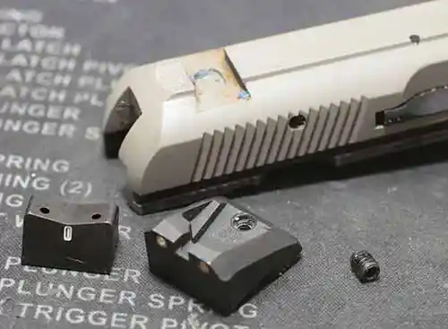 Rear sight installation of the XS Sights DXT2 Big Dot Night Sights for the CZ 75B.