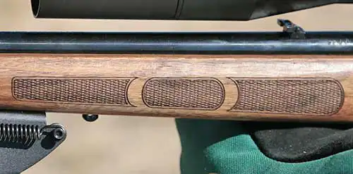 Laser engraved checkering on the forend of the Boyds Rimfire Hunter stock.