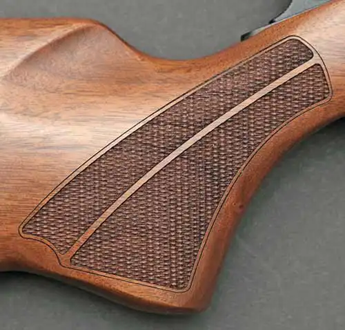 Detail of the laser engraved checkering on the Boyds Rimfire Hunter stock for the Ruger American Rimfire.