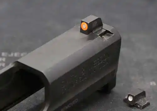 XS Sights F8 Night Sights front sight installed on the S&W M&P Shield. 