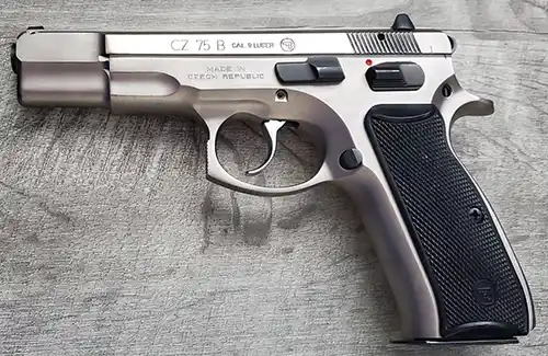 My nickel CZ 75 B with part of the slide polished, and the frame still matte. 