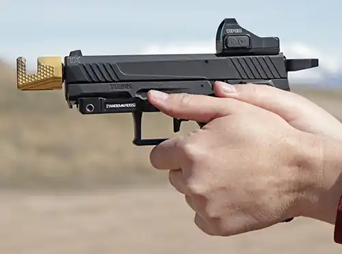  Thumbs forward with the TandemKross Accelerator Thumb Ledge for pistols.
