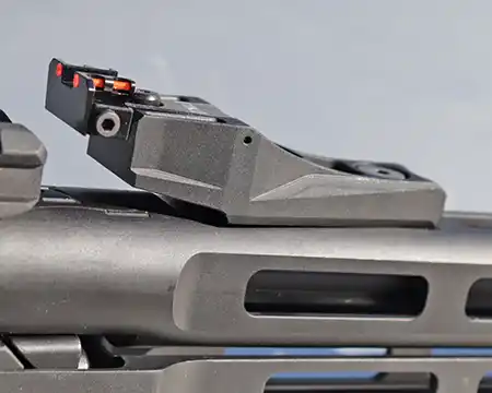 Eagle Eye Fiber Optic M-LOK rear sight installed on the TandemKross Spitfire 10/22 Barrel. 