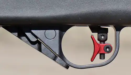 Detail shot of the Timney Calvin Elite Two Stage Trigger for the 10/22.