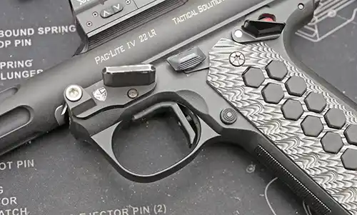 Creekside Custom Ruger Mark IV 19.22 Trigger installed in a custom pistol. 