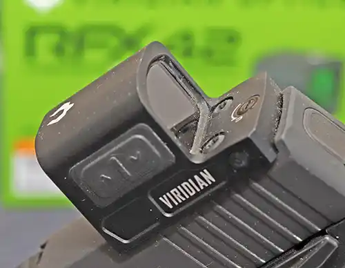 Viridian RFX42 Green Dot Sight brightness controls.