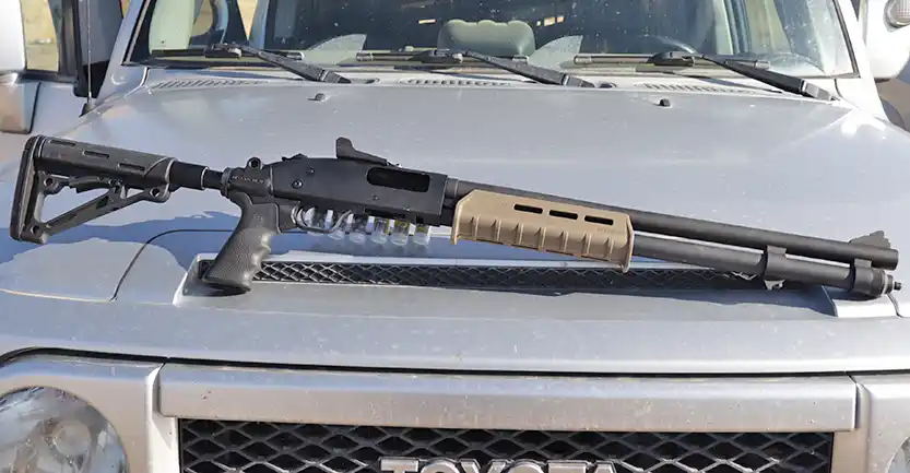 Mesa Tactical LEO Gen II Telescoping Stock Adapter & KynSHOT Buffer on a Mossberg 590