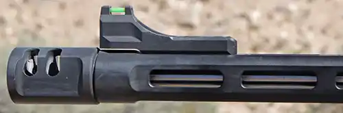 Close-up of the TKX22 Light Rifle front fiber optic sight mounted to the M-LOK barrel shroud.