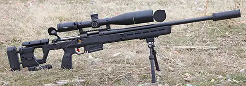 Athlon Ares ETR Gen2 UHD 4.5-30x56 mounted on a Bergara B-14 rifle in a Magpul Pro 700 chassis