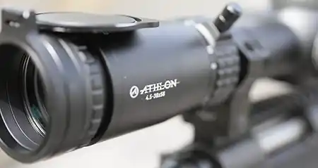 Close-up of the Athlon Ares ETR Gen2 UHD 4.5-30x56 eyepiece and magnification ring