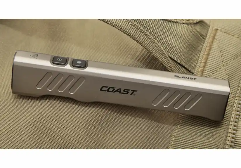 Coast Slayer rechargeable LED flashlight in silver with dual control buttons