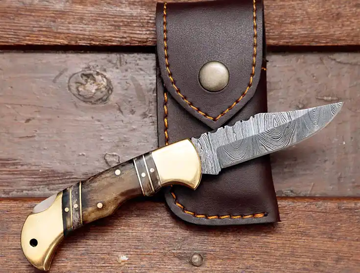 Forseti Steel Hemingway Damascus pocket knife with leather sheath