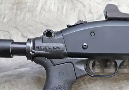 Right side of the Mesa Tactical LEO Gen II Telescoping Stock Adapter installed on a Mossberg 590