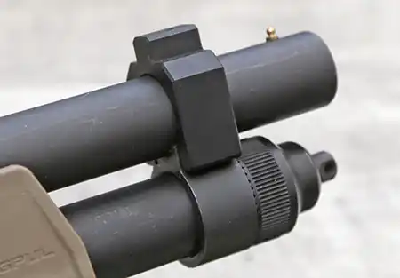 Barrel clamp for the Mesa Tactical SureShell Carrier and Rail on a Mossberg Shockwave