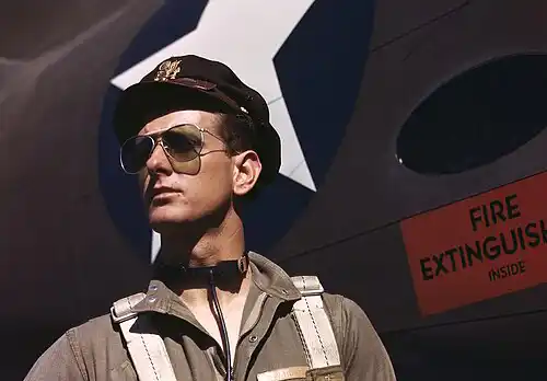 Army test pilot F.W. Hunter wearing Aviator sunglasses in 1942