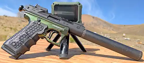 Green TANDEMKROSS Cthulhu lower suppressed pistol with Athlon chronograph during velocity testing
