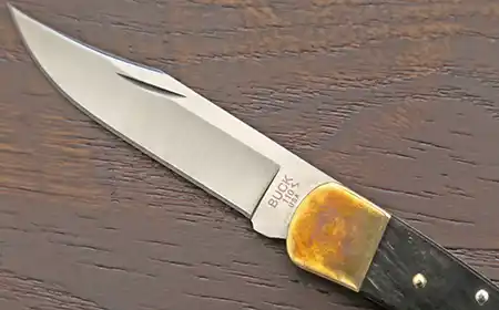 Buck 110 Slim Heritage Elite brass and ebony handle close-up