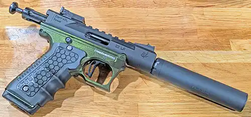SilencerCo Sparrow 22 mounted on Ruger Mark IV Ca$h Money with Mini Mamba LLV